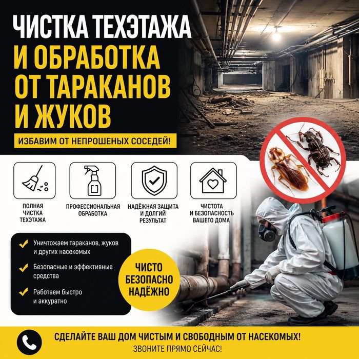 Чистка техэтажа и сан обработка