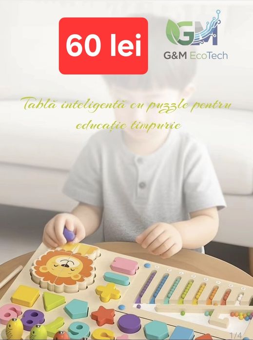 Jucarie din lemn Tableta Montessori cu puzzle si diverse alte jocuri