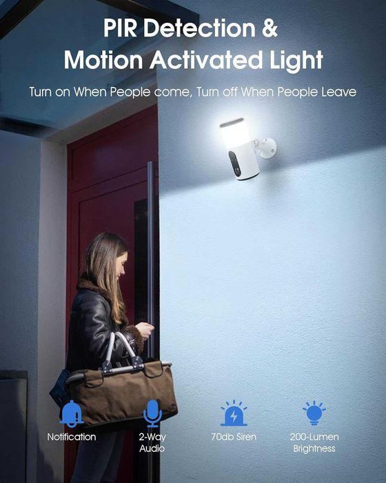 ANRAN 2K безжична соларна охранителна камера с прожектор, PIR детектор