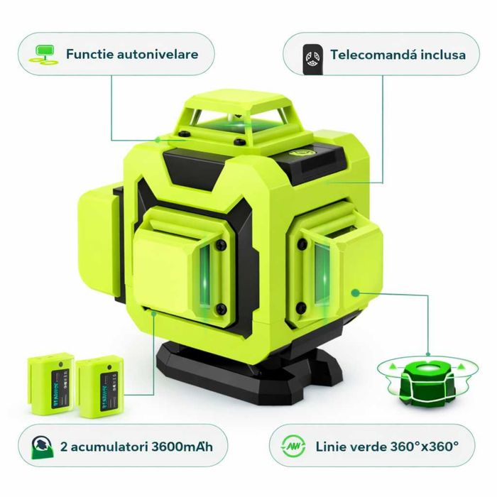 Nivel Laser cu Linii Verzi – 16 Linii, Auto-Nivelant, cu Afișaj Digital și 2 Baterii