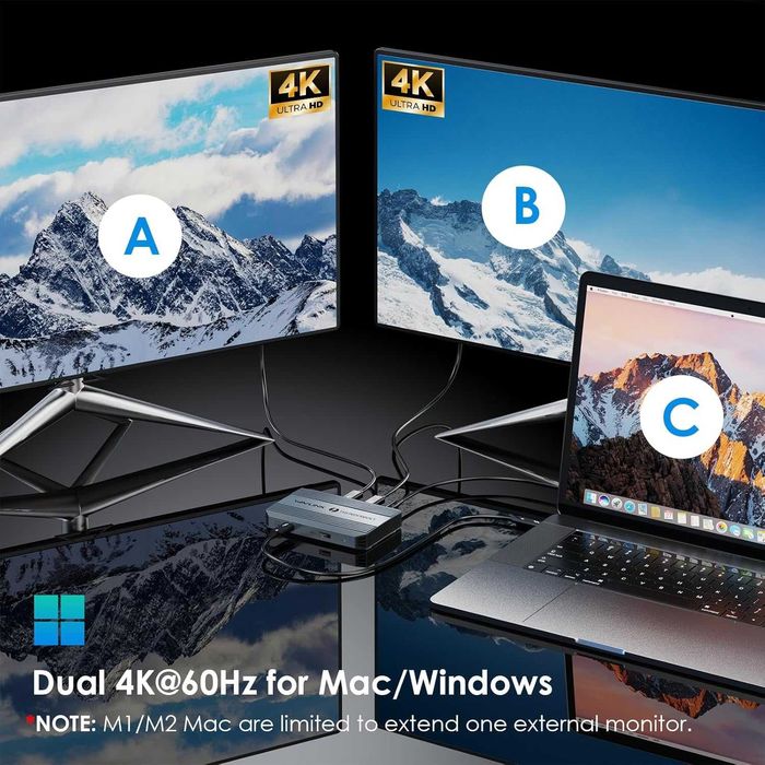 Докинг станция Thunderbolt 4, WAVLINK USB C хъб, двоен 4K/60Hz дисплей