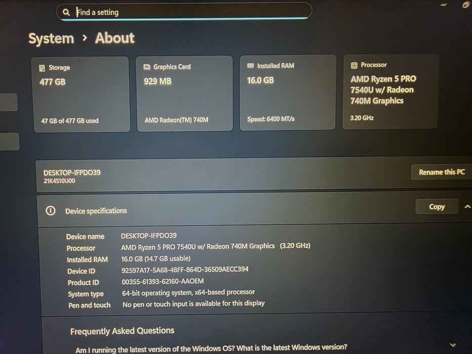 Laptop Lenovo T14 Gen 4 AMD Ryzen 5 PRO 7540U 16Gb DDR5 512Gb SSD NVMe