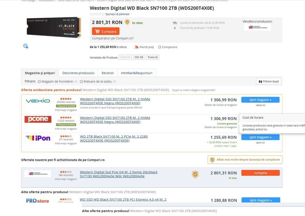 SSD WD Black SN7100 de 2TB PCI Express 4.0 , nou , zero ore utilizare