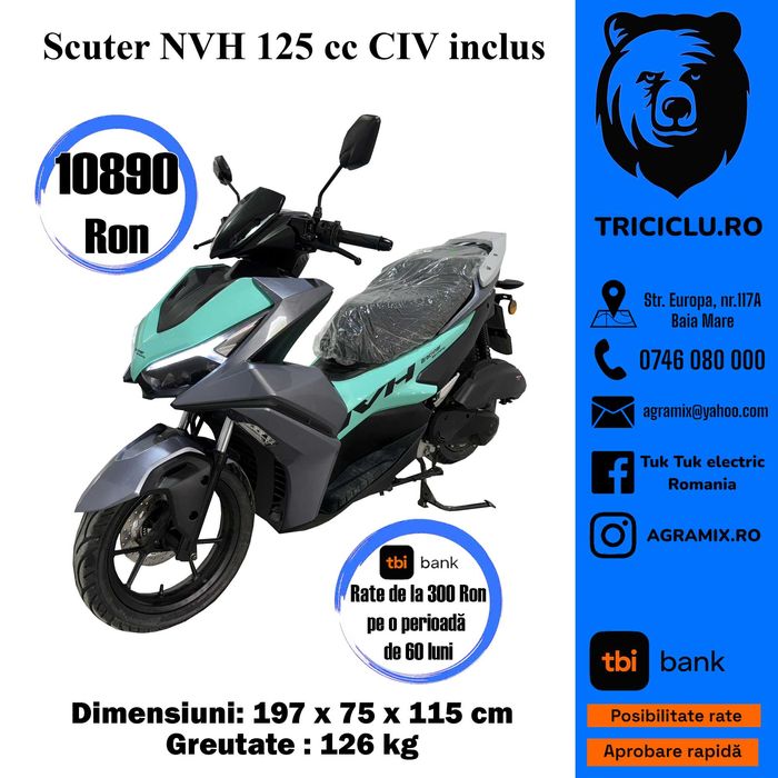 Scuter Breckner NVH 125 CU PERMIS pe benzina CIV inclus gri-turcoaz