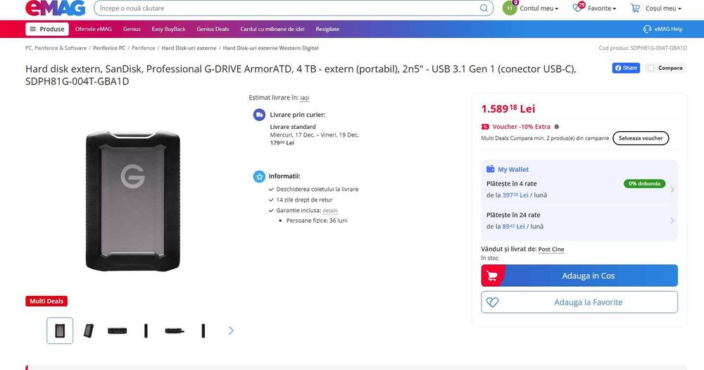 Hard extern, SanDisk, Professional G-DRIVE ArmorATD de  4 TB - extern