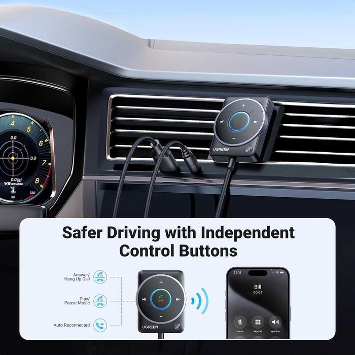 UGREEN Aux Bluetooth 5.4 автомобилен адаптер приемник, с 3.5mm AUX свързване