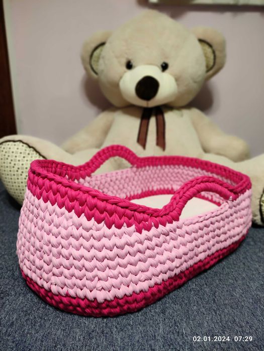 Бебешки кош за новородено, ръчно изработен, плетен кош, 70х40см, ново