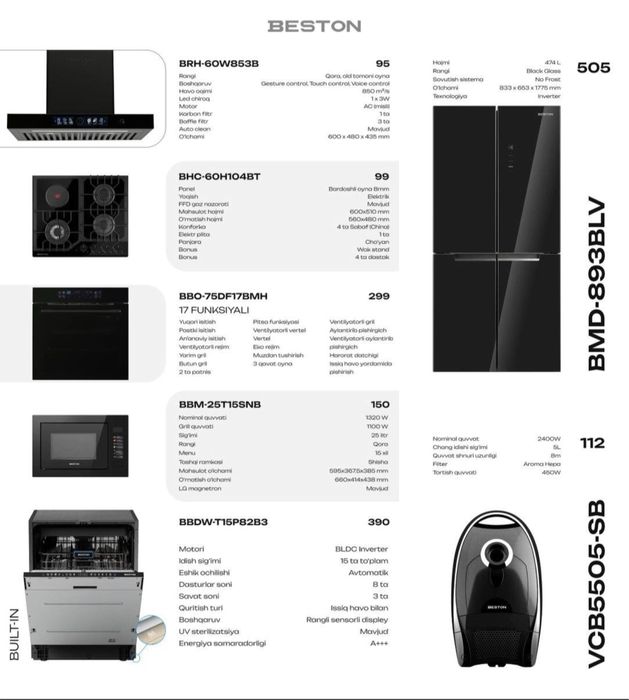 Встроеная техника от компании Beston набор/холодильник/вытяжка/панель