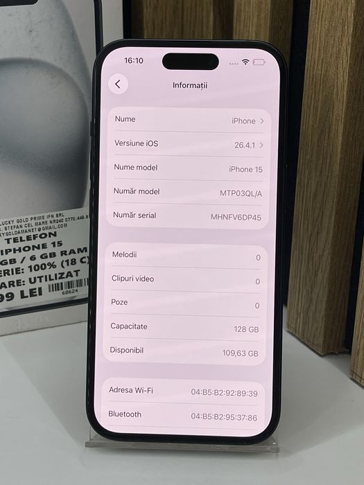 Iphone 15 128Gb 100% baterie (18 cicluri incarcare) Garantie #60624