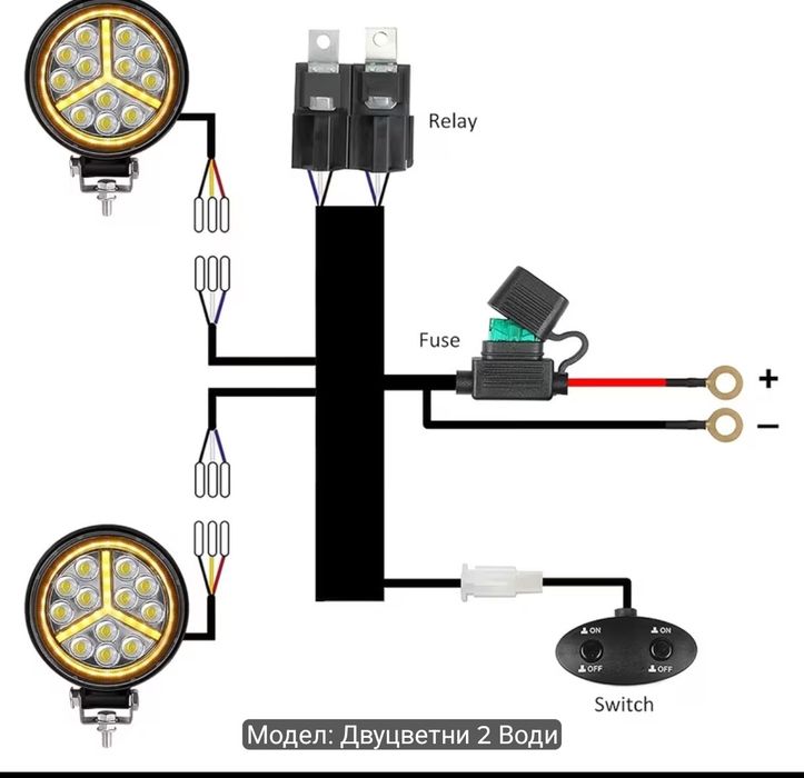 Комплект кабелна гарнитура за двуцветна светлинна лента Amber White 16AWG с реле 12V, 15A вграден ножов предпазител и бутонен ключ за офроуд