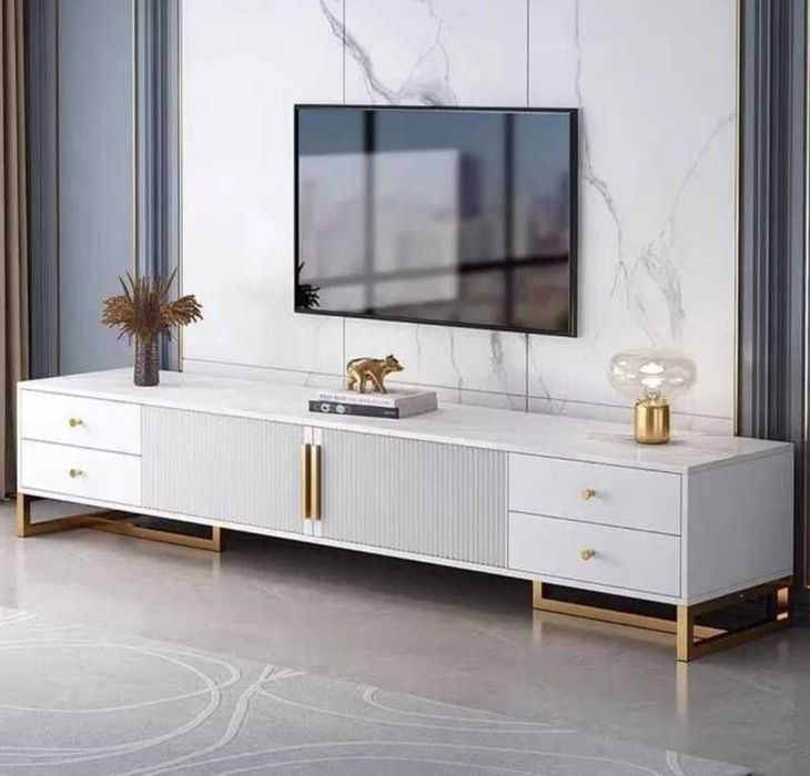 Тумба под ТВ «WhiteGold» 180×30×40 — белый с золотыми ножками