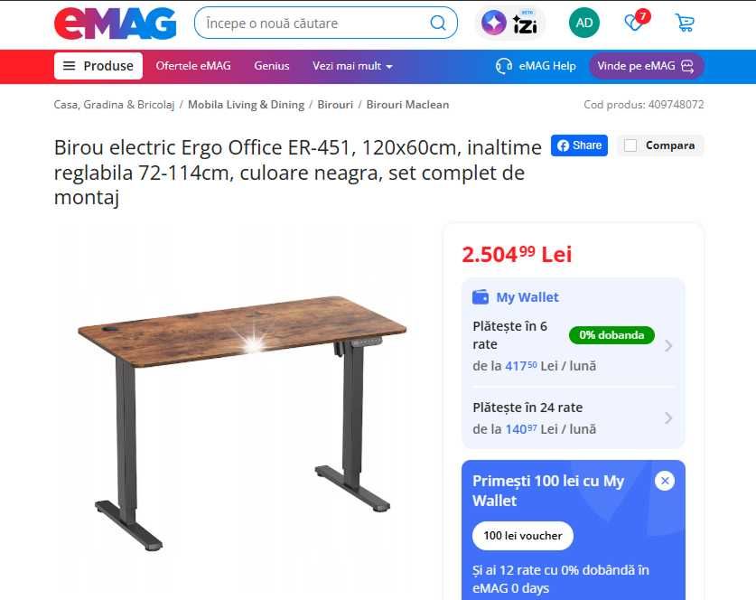 Birou electric reglabil pe înălțime Maclean Ergo Office ER-451 (Sit-Stand / Standing Desk)