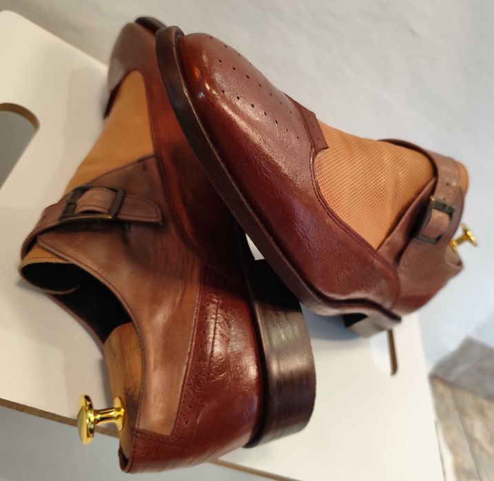 Pantofi monk de lux 44.5 45 lucrati manual Mezlan NOI piele naturala moale maro camel