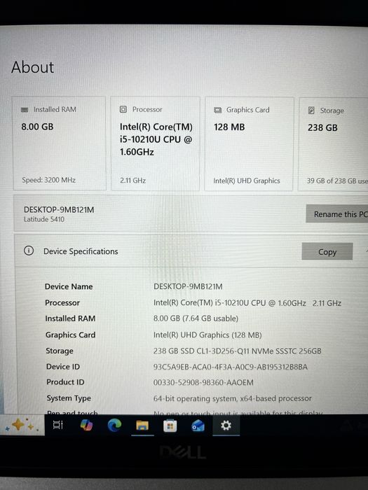 Laptop DELL Latitude 5410, intel Generatia 10, 8 GB RAM, SSD 256 GB M2