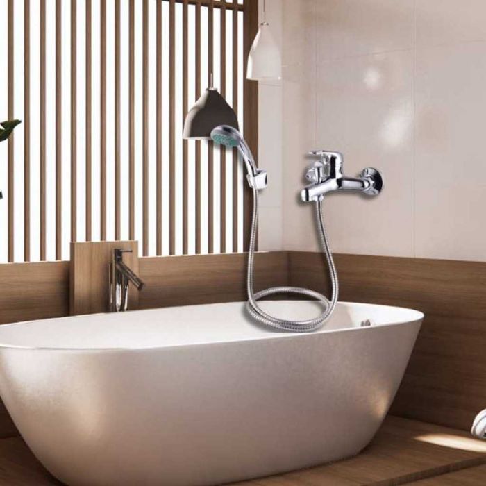 Смесител за баня c душ, хориз. с покр. от хром