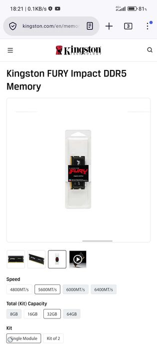 Vand memorie laptop Kingston Fury Impact 32GB, DDR5-5600Mhz.