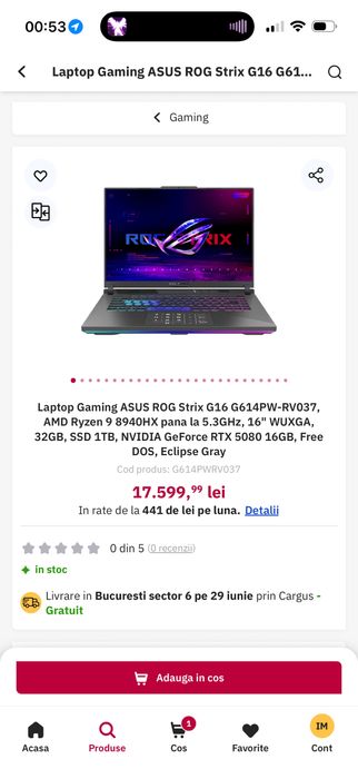 [NOU, 0 ore] Laptop Gaming Asus ROG Strix G16 Ryzen 9 8940HX 32/1T RTX5080 16" 240Hz
