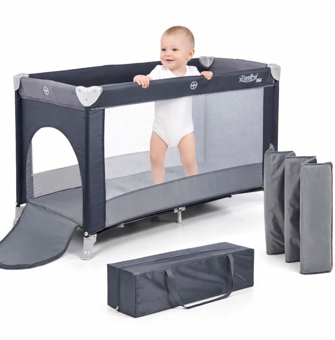 Patut Turistic pliabil Ideal Travel, Design solid si elastic, constructie solida in 7 puncte, saltea moale si pliabila, geanta transport inclusa, Gri