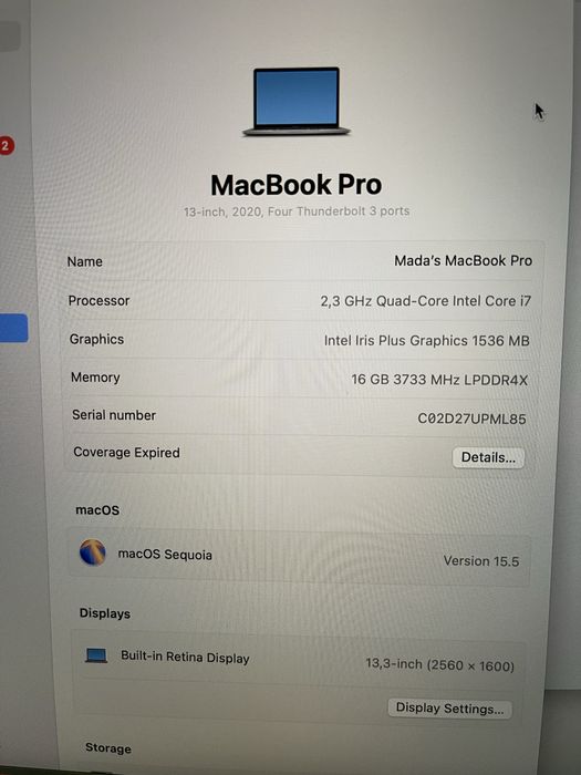 MacBook Pro 2020  A2251, 13.3, I7, 2.3Ghz  512GB 16GB RAM
