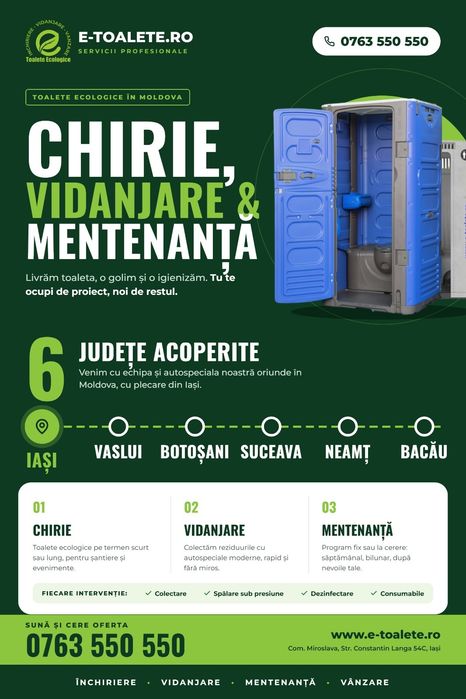 Chirie/vânzare toalete WC ecologice Iași Botoșani Suceava Vaslui Neamț