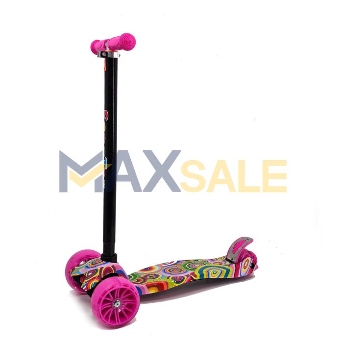 Триколка детска тротинетка с 3 светещи колела розов многоцветно колело