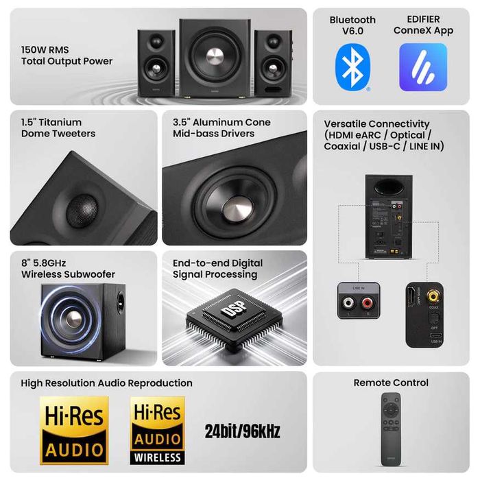 Edifier S355DB c 8-дюймовый беспроводной сабвуфер/Bluetooth 6.0/LDAC/