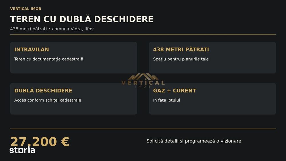 Teren intravilan Vidra, 438 mp | Dublă deschidere | Gaz și curent