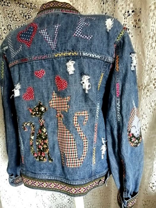 Дънково яке M/L Котки ръчна декорация