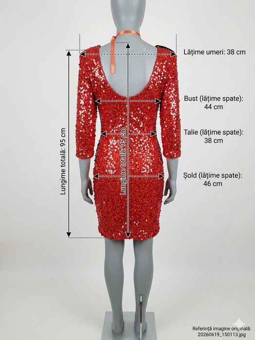 Rochie mrochie  paiete roz – Mărime S-M
​Mărime: M (40)
​Dimensiuni: Bust 88 cm, Talie 72 cm, Șolduri 94 cm
​Lungime totală: 85 cm
​Stare: Nouă/Impeca