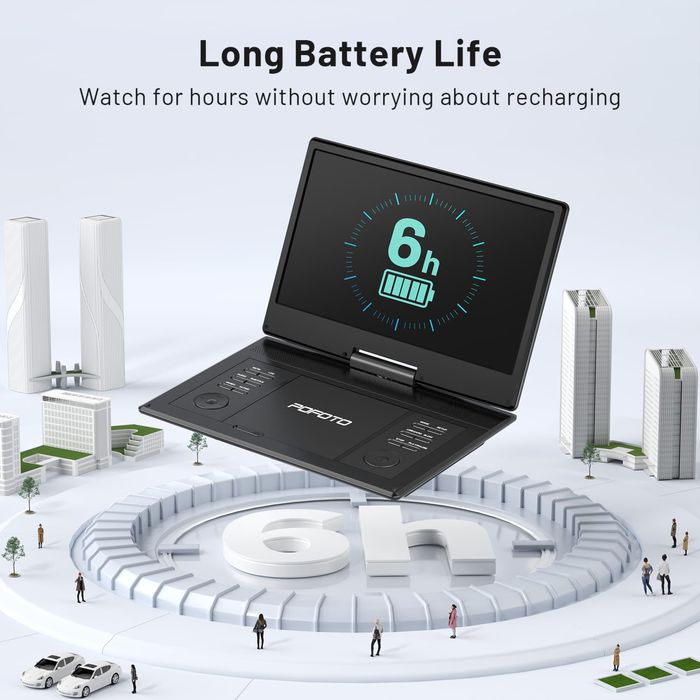 POFOTO 15.7" преносим DVD плейър/14.1" HD въртящ се екран/4000mAh батерия/2 колони/USB/SD/TV/множество видео формати(не поддържа Blu-Ray) черен