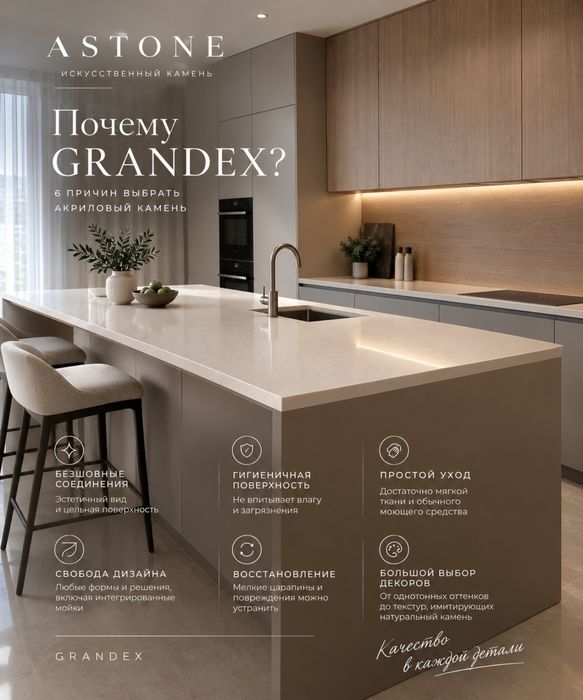 Столешницы из искусственного камня Grandex на заказ, кухня на заказ
