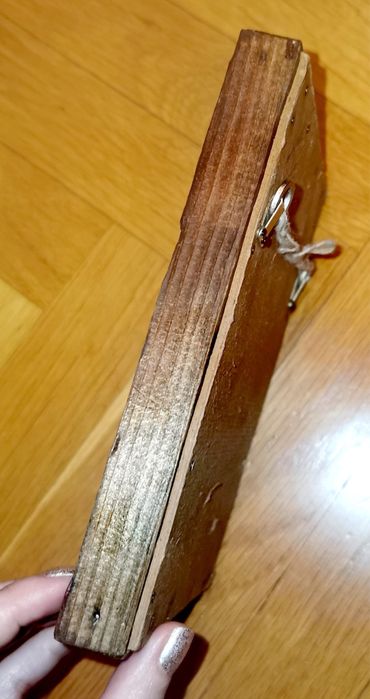 Антикварна икона емайлиран метал в дървена рамка ръчно изработена