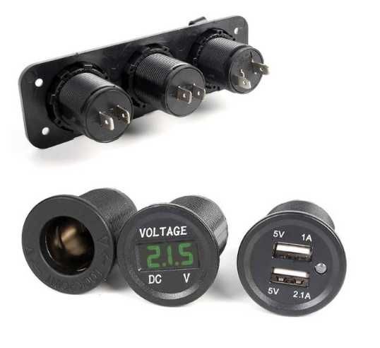 Panou de montare 3 în 1 cu voltmetru, încărcător USB și priză brichetă
