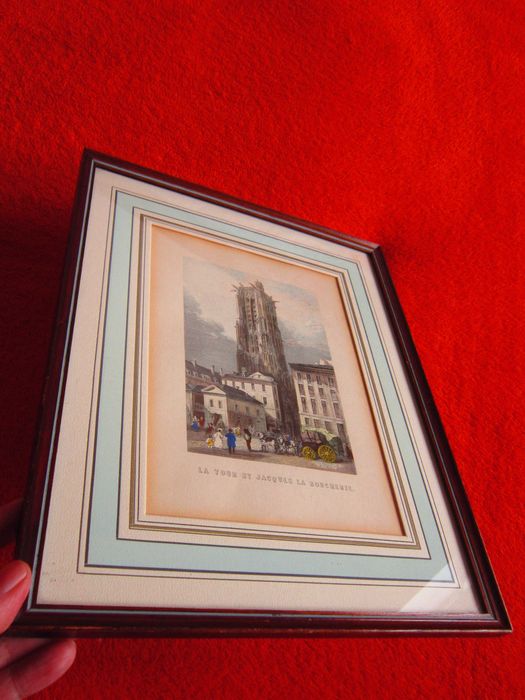 cadou rar Vechiul Paris Luvru si Turnul St.Jacques gravura Franta 1950