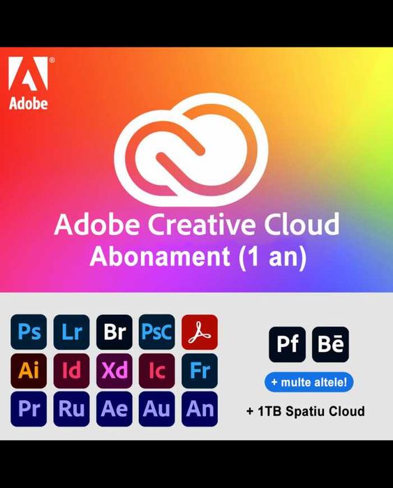 Adobe Creative Cloud PRO -All Apps +1TB Cloud 1 An | 2 Dispozitive