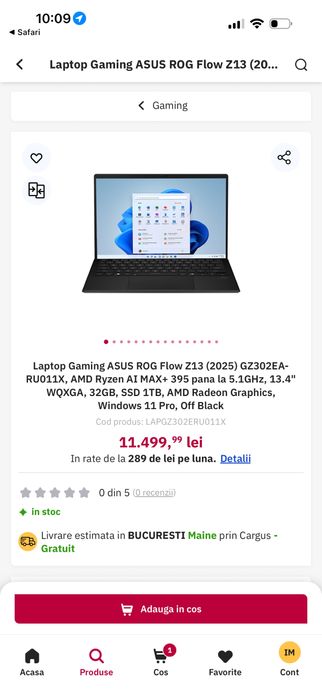 Laptop Gaming Asus ROG Flow Z13 2025 Ryzen AI MAX+ 395 13,4" 2.5k Touchscreen 180Hz  32GB DDR5 Radeon 8060S 16GB  1TB SSD 77 zile power on INT