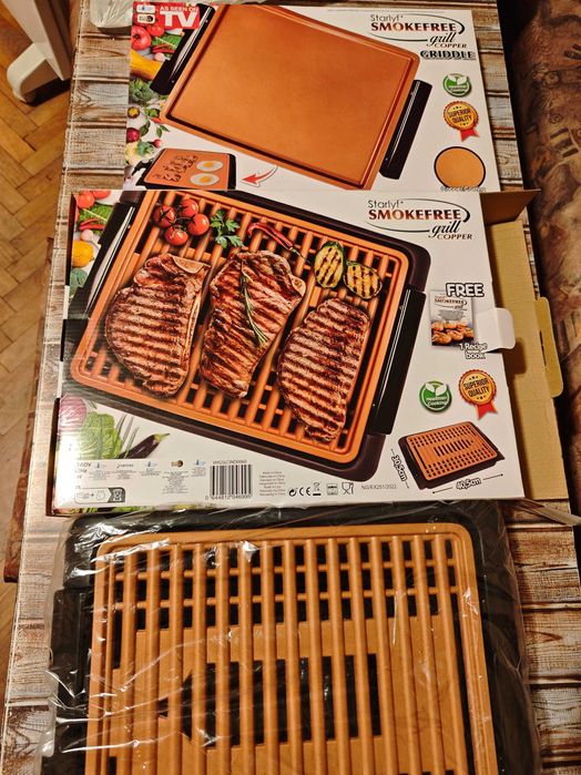 ПРОМО!БЕЗДИМНА Ел. скара/грил+туч плоча с МЕДНО незалепващо покритие