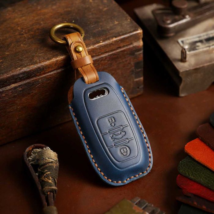Husa cheie 3 butoane Audi A4 B8 A6 C7, piele naturala, albastru/maro
