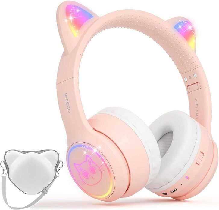 Casti wireless copii IFECCO, cu urechi luminoase, husa, roz