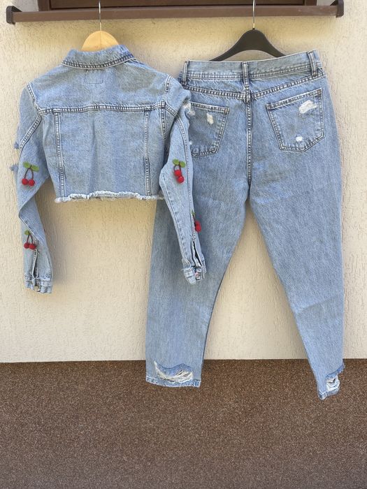 Set Denim - Jachetă scurtă + Blugi cu cireșe 3D