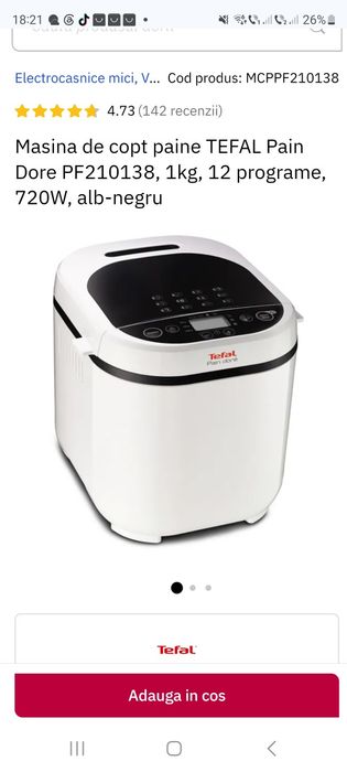 Masina de paine Tefal Pain Doré PF210138, 700 W, 1000 g, 12 programe, 3setari, alb/ negru