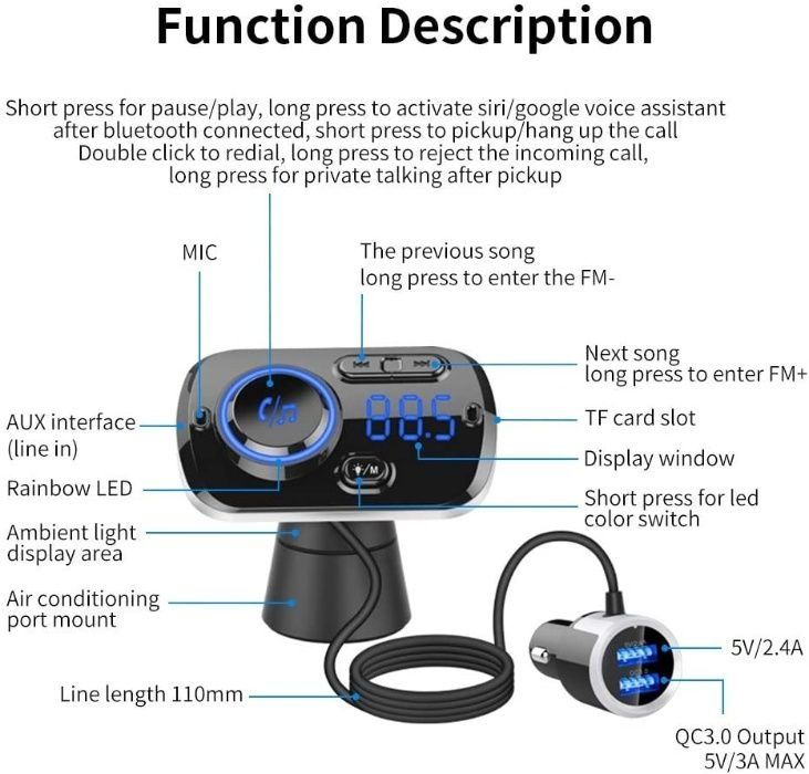 Transmițător Bluetooth 5.0 + hansfree, car kit, dual USB