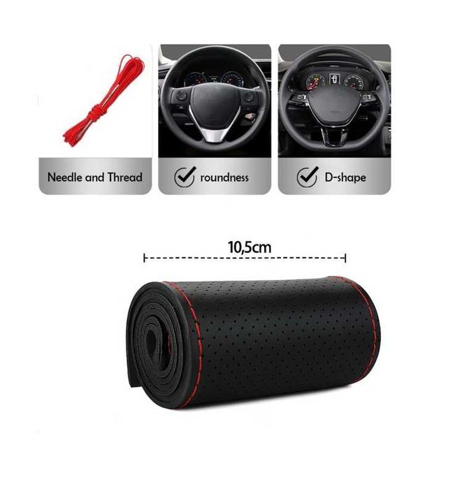 Husa Pentru Volan Piele Perforata Culoare Negru Cusatura Rosie-Negru