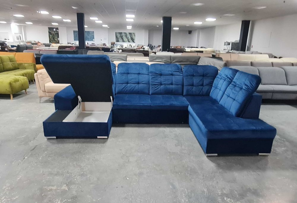 Син П образен ъглов диван от плат Nigrum с функция сън
