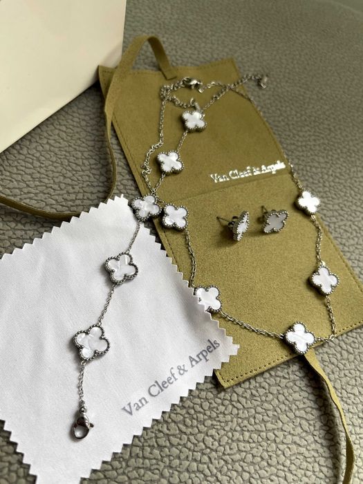 van cleef сребърен сет обеци колие гривна детелина седеф седефен камък