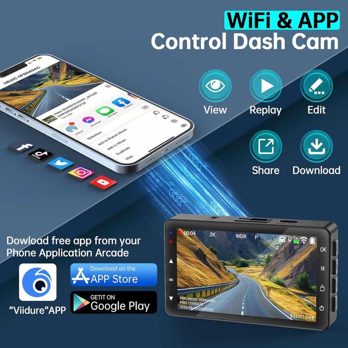 Dash Cam отпред и отзад, 2K, WiFi/БЕЗПЛАТНО ПРИЛОЖЕНИЕ, отпред 170°