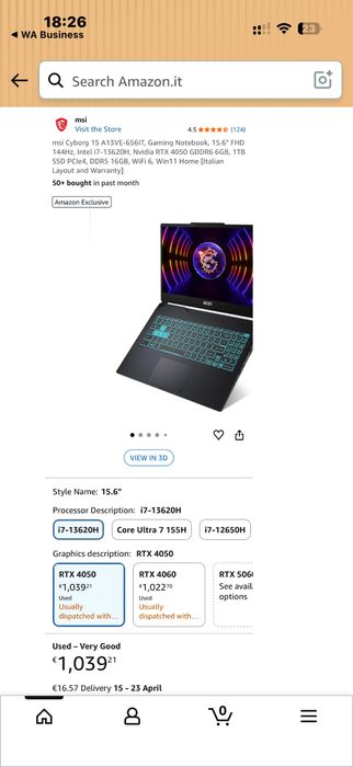 Laptop Gaming Msi Cyborg 15 A13VE i7 16gb 512gb nvidia rtx 4050 sigilat nou