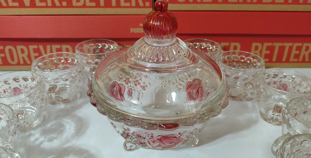 Bol de punch cu set de 12 pahare, cristal roz.