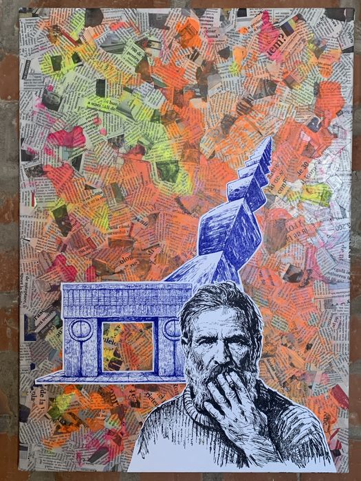 Tablou tehnica mixta-colaj,tuș si acrilic pe panza intitulat  “Brancusi si opera sa”