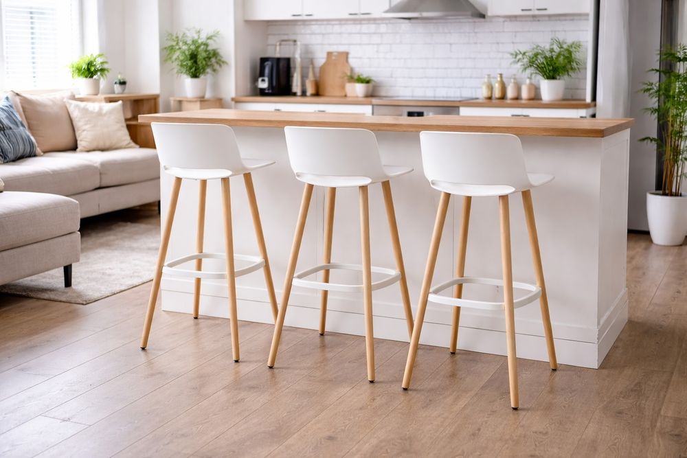 Set 3 scaune de bar moderne, stil scandinav, alb & lemn – stare foarte